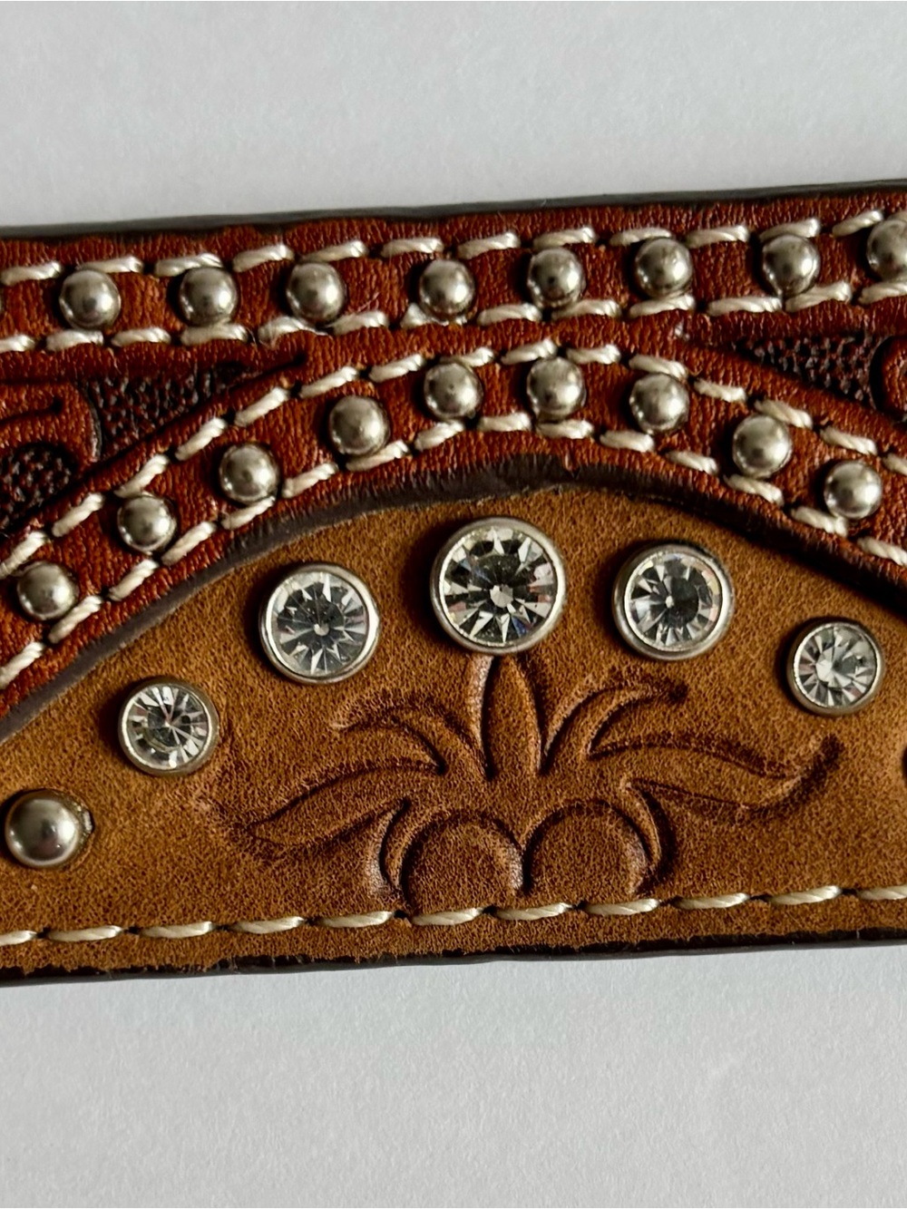 Nocona Women’s Western Tooled Leather Brown Rhinestone Buckle Belt - Picture 5 of 11